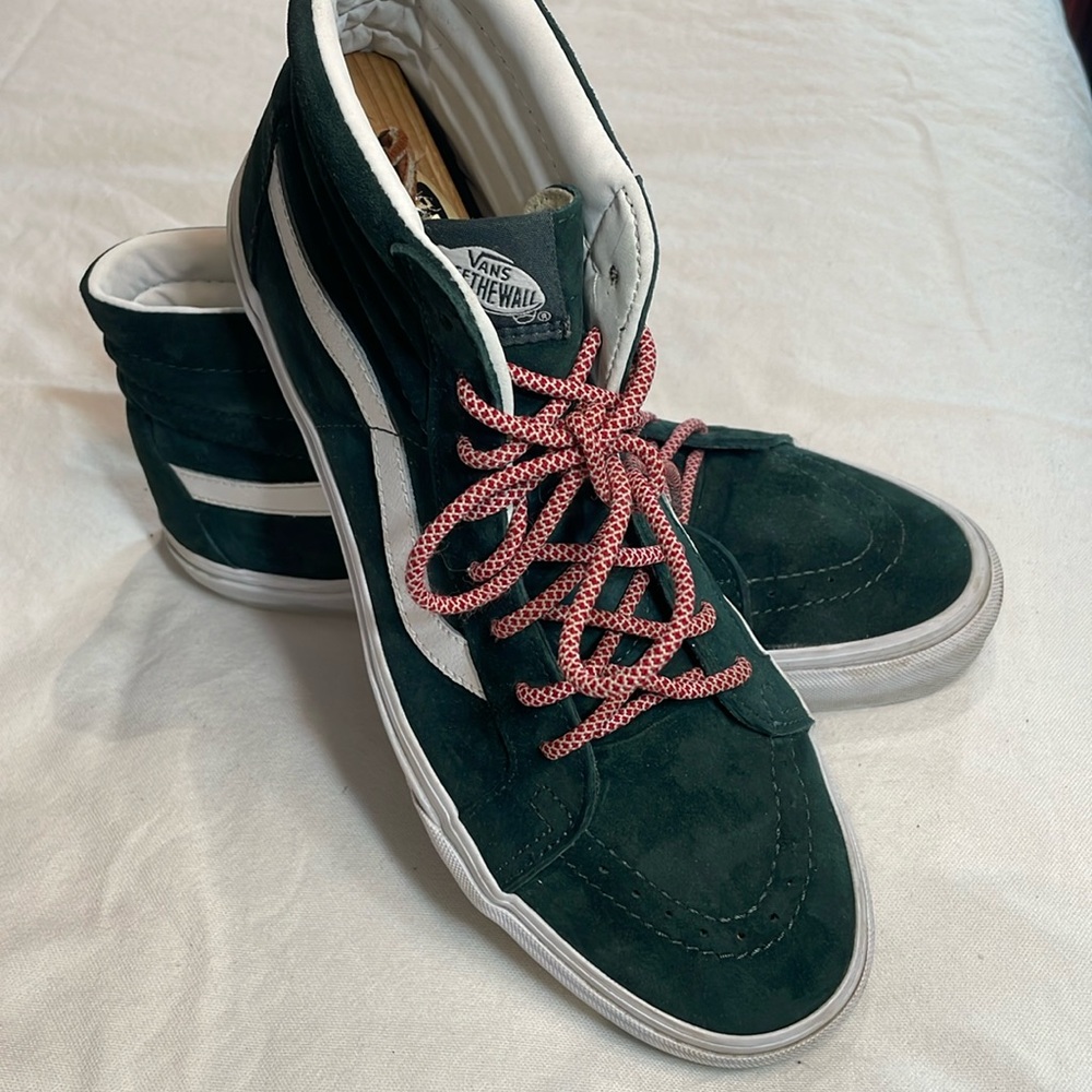 Vans Sk8-Hi Green Suede High Top Sneakers with Pink Laces